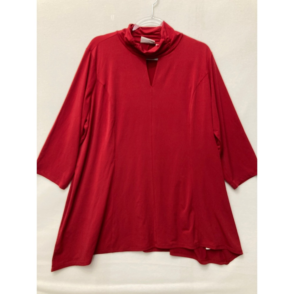 Susan Graver Tunic Top 2X Red Keyhole Mock Neck 3/4 Sleeve Liquid Knit